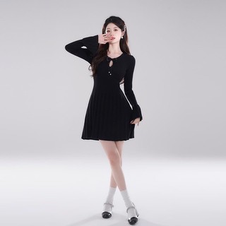 Đầm len nữ cổ tròn dáng chữ A xòe tay loe phối nơ chất dày dặn thắt eo tôn dáng phong cách basic trẻ trung thu đông AB24
