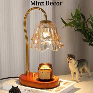 Đèn Đốt Nến Thơm Chụp Hoa Thuỷ Tinh Hai Tầng, Đế Gỗ Sồi