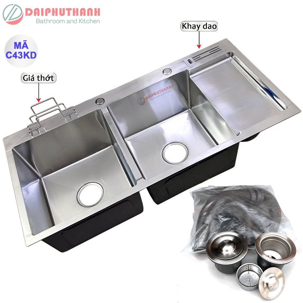 Chậu Rửa Chén Bát Inox Loại 2 Hộc 1 Cánh Dài 1m Rộng 48cm - Gồm chậu SUS304 hoặc 201 và xi phông thoát nước