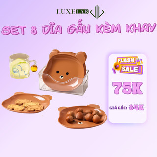 Set 8 đĩa nhựa hình gấu kèm khay đựng thức ăn, trái cây trang trí bàn ăn luxelab 11574