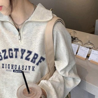 Áo Hoodie Cổ Polo Tay Dài Khóa Kéo Nỉ 2 Da Không Xù Lông Dày Dặn In Chữ BRZ Phong Cách vintage Cho Nữ