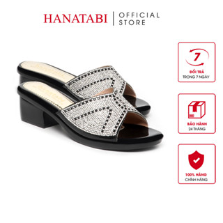 Dép Nữ Đế PU Đen Siêu Nhẹ Cao 5cm Hanatabi Quai Ngang Đính Đá Bigsize (35-42) Mã HNDE5F1112