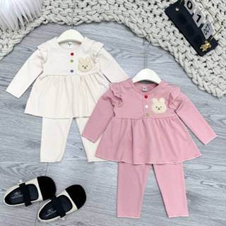   Xả kho 59K  - Bộ quần áo bé gái - Bộ thu đông chất tăm lạnh dáng babydoll logo thỏ siêu xinh cho bé gái từ 7 đến 18 kg 