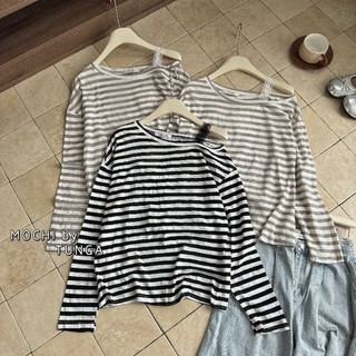 Áo thun kẻ lệch vai dây ren hàng QC