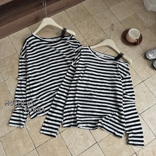 Áo thun kẻ lệch vai dây ren hàng QC