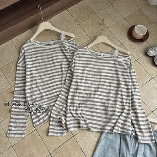 Áo thun kẻ lệch vai dây ren hàng QC