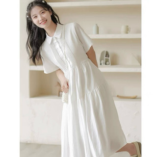 Đầm babydoll trắng cổ sơ mi xếp li trước, váy vintage vnxk xuongvnxk (kèm hình thật)