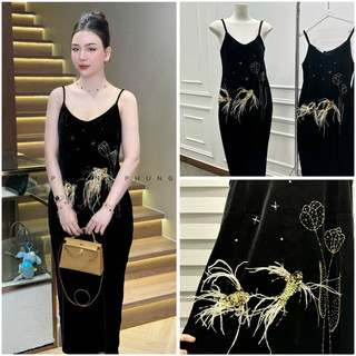 Váy hai dây nhung dáng xuông khâu con cá + hoa đá nhỏ