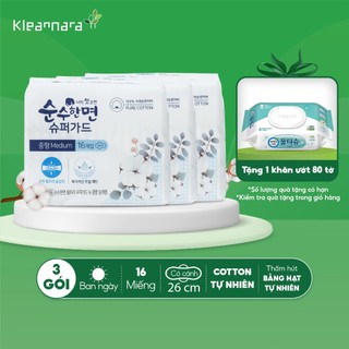 Combo 3 gói băng vệ sinh Kleannara Soonsoohan Hàn Quốc siêu mỏng ban ngày size M 26cm - 16 miếng/gói