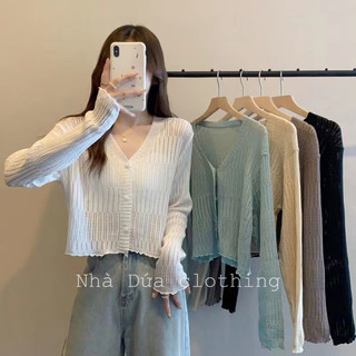 Áo khoác cardigan mỏng đơn giản màu trắng đen cổ chữ V cho nữ dài tay trơn dáng ôm Nhà Dứa