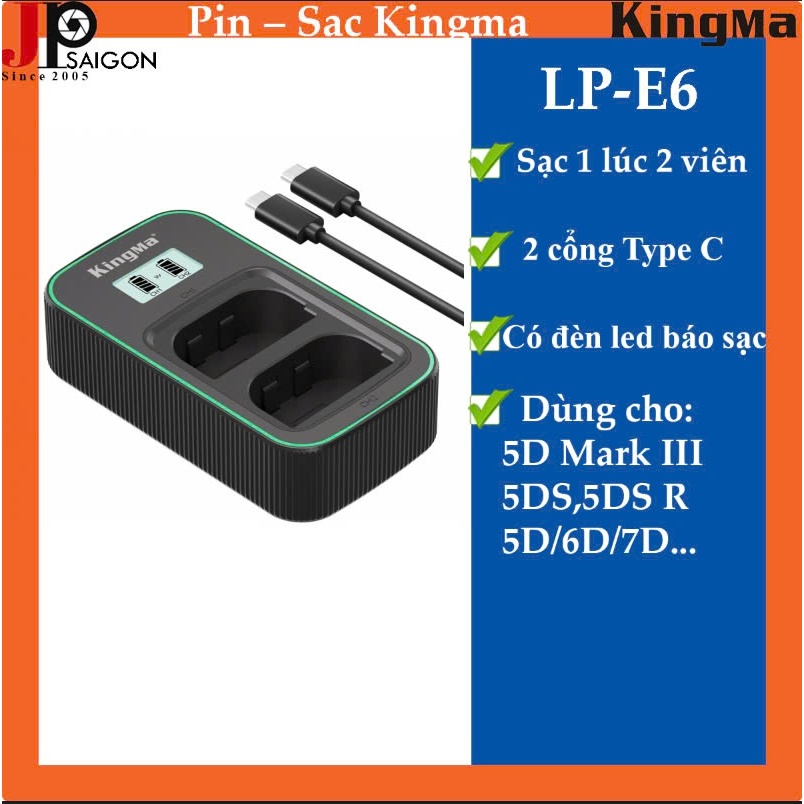 SẠC ĐÔI KINGMA MÀN HÌNH LCD FOR LP-E6/E6N/E6NH- LOẠI SẠC NHANH