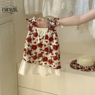 Set Váy Họa Tiết Hoa Màu Đỏ Kèm Nón Cói Cho Bé Gái 1 2 3 4 5 Tuổi MINTSCLOSET Quảng Châu - GS1258