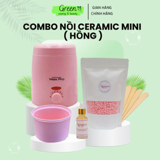 COMBO Nồi Nấu Sáp Wax Lông Ceramic chống dính mini +Sáp Wax Lông nóng cao cấp GREEN WAXING+ mỡ trăn ,chén, que gỗ
