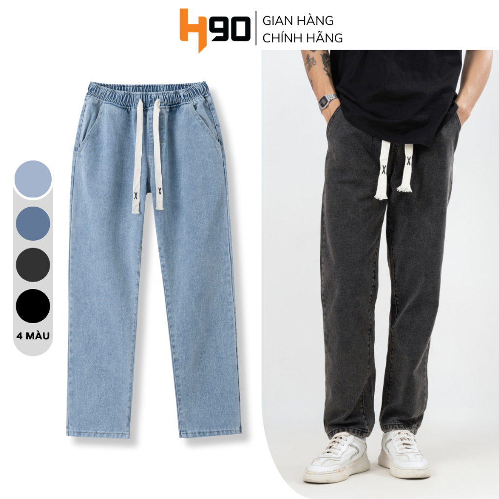 Quần Jean Nam H90 Dáng Baggy Cạp Chun Phom Suông Ống Rộng Chất Bò Cotton Không Co Giãn QDJ02
