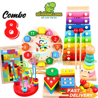 Đồ chơi gỗ combo 8 món phát triển thông minh cho bé đồ chơi montessori đồ chơi trí tuệ xếp cho bé bố khủng long