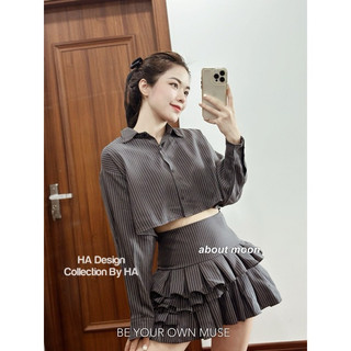 Set kẻ áo sơ mi croptop kèm chân váy cạp cao xoè tầng, hàng thiết kế (ảnh thật)
