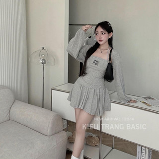 Set 3 Món Miu Miu Len Tăm, Áo Hai Dây Thêu Chữ Ngực Kèm Khoác Chân Váy Xòe Xếp Ly FUMI