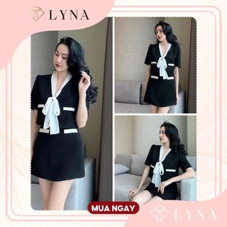 Váy xinh váy cổ nơ - lyna - váy thiết kế đen phối trắng cổ nơ c51