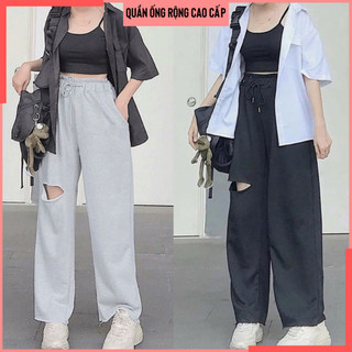Quần ống rộng nữ cạp chun lai tưa 2 màu cá tính chất nỉ dáng rộng rách gối unisex, quần thun dài thời trang cao cấp