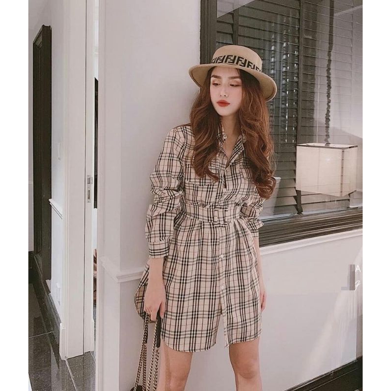 áo sơ mi nữ dài kẻ kèm đai lưng