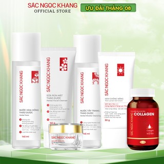 Combo Dưỡng mờ nếp nhăn -Da căng sáng mịn Sắc Ngọc Khang 6 món [Collagen+ Kem10g+Tẩy trang+Hoa hồng+Chống nắng+SRM 100g]