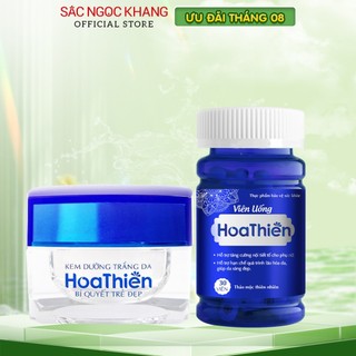 Bộ đôi trong uống ngoài thoa cân bằng nội tiết, dưỡng trắng sáng da viên uống hoa thiên & kem dưỡng trắng da hoa thiên
