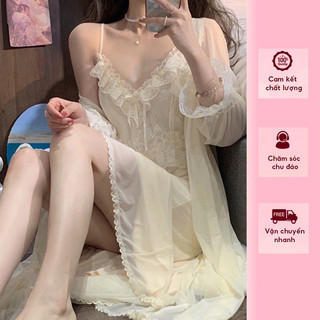 Đầm ngủ 2 dây kèm khoác chất voan pha ren cao cấp A4