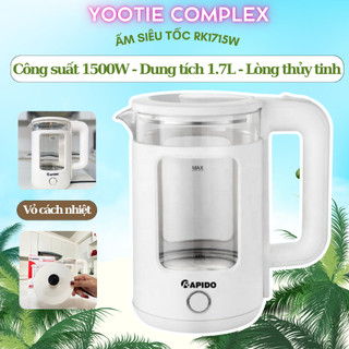 [THANH LÝ] Ấm Đun Siêu Tốc RAPIDO Công Suất 1500W, Dung Tích 1.7L, Lòng Thủy Tinh,Vỏ Cách Nhiệt,Đun Nhanh Sôi,BH 6 tháng