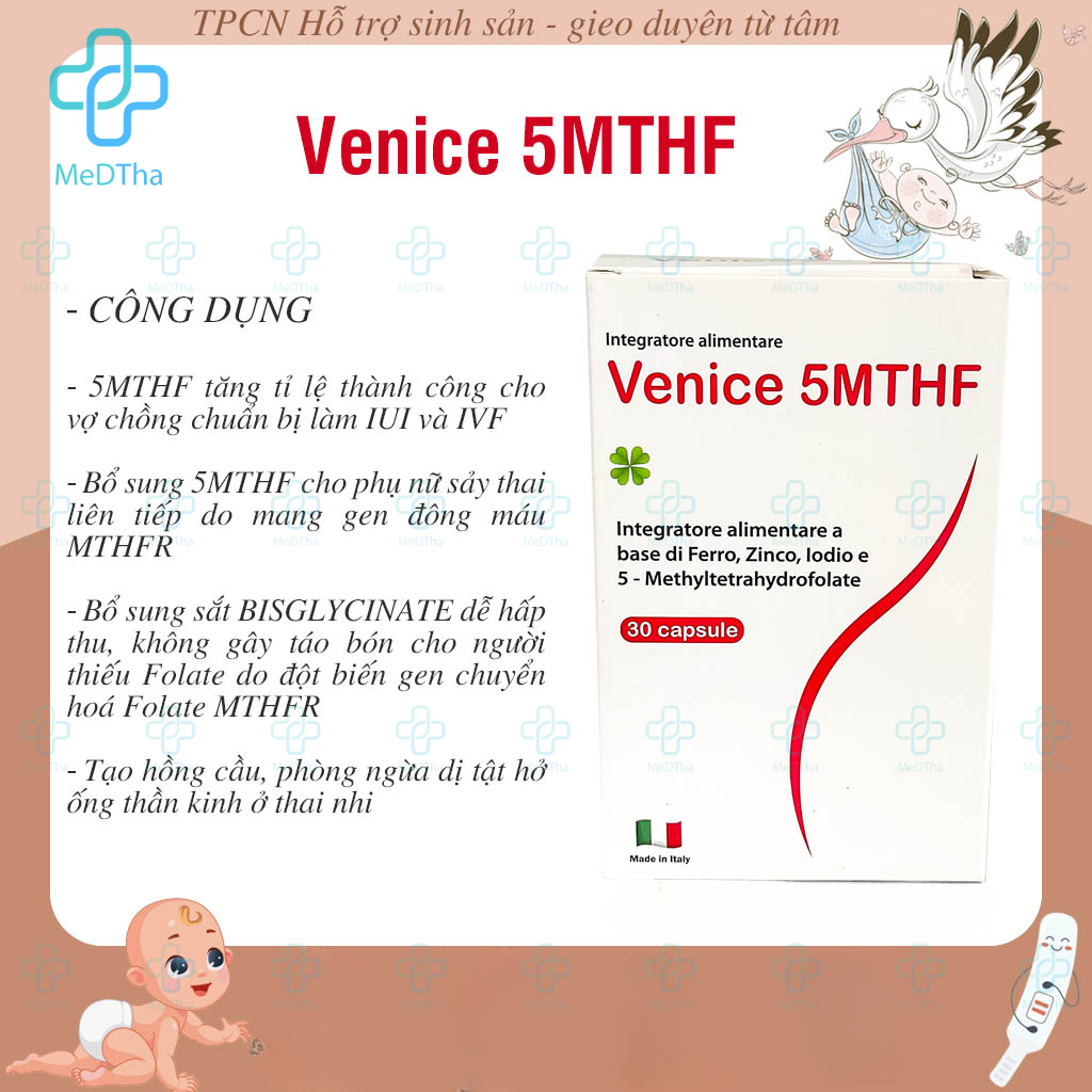 Venice 5-MTHF - Bổ Sung Folate, Hỗ Trợ Sinh Sản, Ngăn Dị Tật Thai Nhi, Sắt, Vitamin Tổng Hợp (Hộp 30 Viên)
