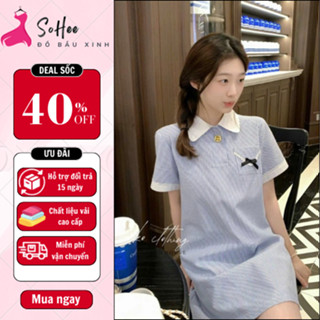  Váy bầu xinh đầm bầu thiết kế dáng babydoll xinh xắn cổ sơ mi tiểu thư thanh lịch,phối họa tiết nơ đính ngực dễ thương 