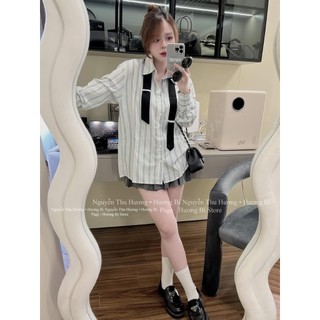 Set áo sơ mi kẻ cổ đức kèm cà vạt phối chân váy xếp ly 53 TV Bộ sơ mi nữ công sở họa tiết mix váy xòe cạp cao MOONYHANOI