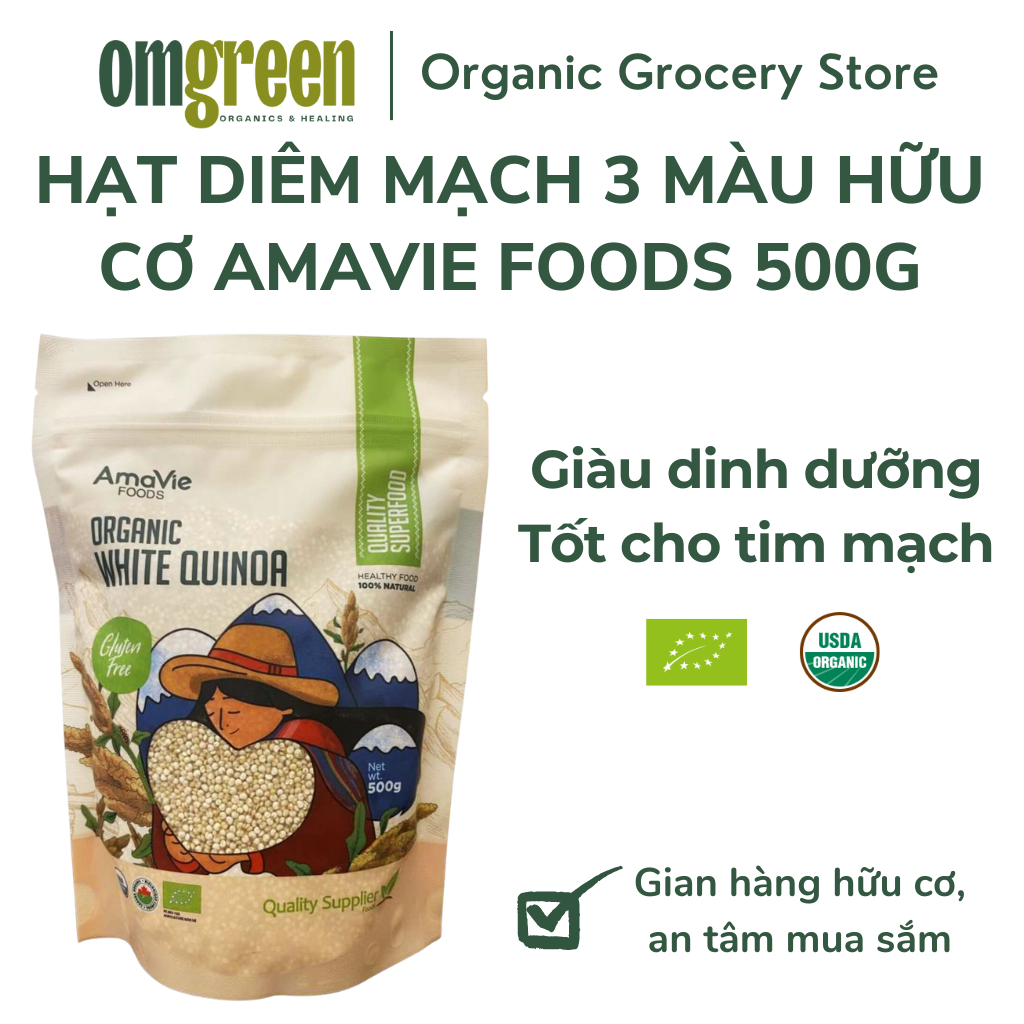 Hạt diêm mạch quinoa trắng hữu cơ Amavie Foods 500g - Organic Quinoa Real - OMGREEN ORGANICS