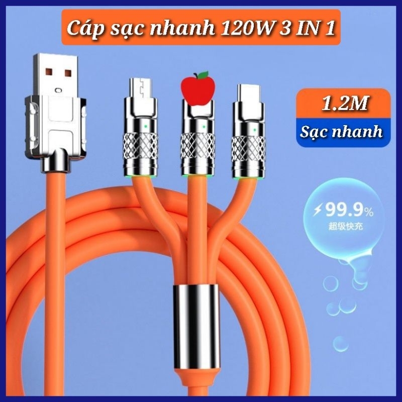 Cáp Sạc Nhanh 3 Đầu 120W Silicon Lỏng USB - Micro / LN / Type C