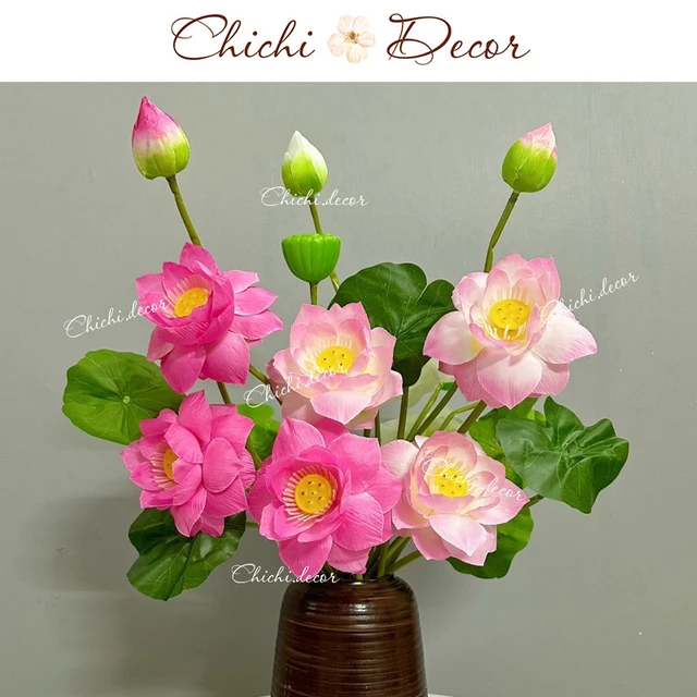 ( CÀNH LẺ) Cụm sen quan âm 8 chi tiết (3 hoa, 3 lá, 1 đài, 1 búp) cao 60cm decor, tranng trí nhà cửa