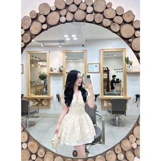 Đầm váy cộc tay chiết eo cổ V nơ ngực chân váy xòe bồng 2 lớp,Váy hoa kèm quần bảo hộ tiểu thư sang chảnh basic
