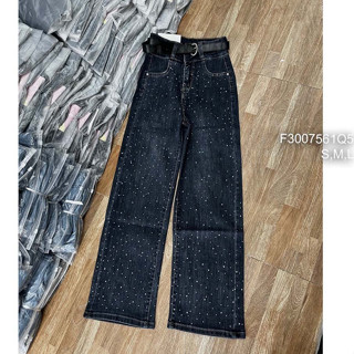 Quần jean ống suông dài đậm đính đá lưng cao hàng đẹp! TOMBI SHOP