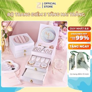 Bộ trang điểm nai trắng quà tặng CAO CẤP 3 tầng set makeup đầy đủ cho mọi loại da gồm GƯƠNG nước hoa, máy rửa mặt Zentop