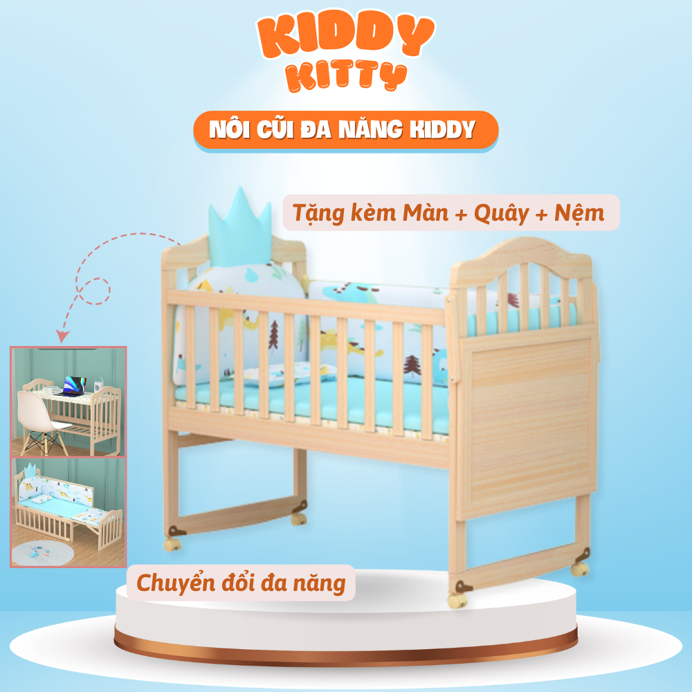 Cũi gỗ an toàn cho bé chân có bánh xe di chuyển tặng kèm theo màn che, đệm cho bé nằm ngủ