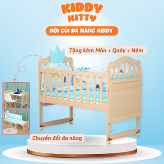Cũi gỗ an toàn cho bé chân có bánh xe di chuyển tặng kèm theo màn che, đệm cho bé nằm ngủ