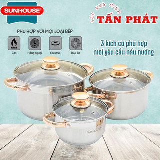 Bộ 3 Nồi Inox 5 Đáy Sunhouse SH781 16-20-24cm Dùng Trên Mọi Loại Bếp