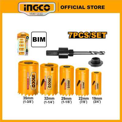 Mũi khoét lỗ tròn trên kim loại, gỗ và nhựa INGCO AKH0071 Bộ 7 chi tiết khoét lổ tròn size 19mm, 22mm, 32mm, 35mm 4-6TPI