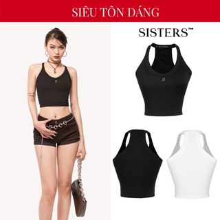  Áo ba lỗ nữ cổ tim gợi cảm SISTERS màu đen trắng dáng ngắn croptop ôm sát tôn dáng Leoni SIS-CLUB| SS4-T5 