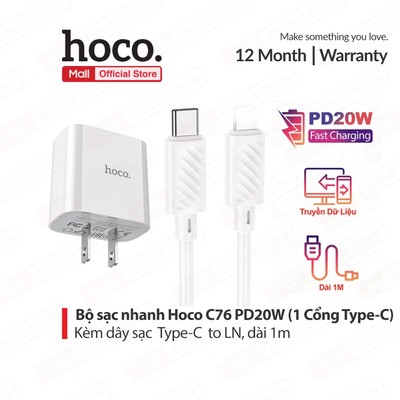 Bộ sạc nhanh PD20W Hoco C76 TypeC to IP PD20W 3.0A dùng cho ip11/12/13/14 dây dài 1M , chân dẹt