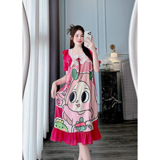 (40-65kg) Đầm mặc nhà mặc ngủ Lụa Xước / Lụa Latin cổ vuông phối ren tay bèo dễ thương