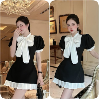 Váy nữ đen nơ cổ viền ren phối bèo gấu trắng