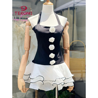 Đầm Nữ Dây Cột Cổ Yếm Kết Hoa Phối Voan Trắng Tầng Xòe M.H30