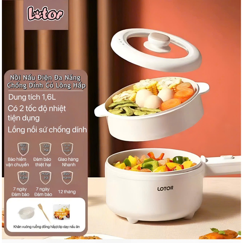 Nồi lẩu điện đa năng, chảo điện kèm khay hấp LOTOR dung tích 1.6L có tay cầm,công suất lớn sôi nhanh
