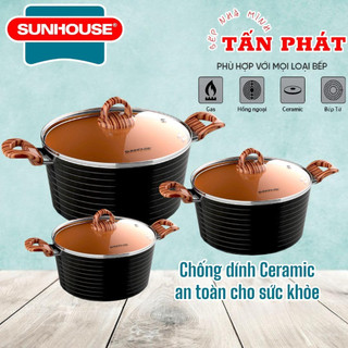 [tặng áo mưa] Bộ 3 nồi Ceramic Đáy Từ SUNHOUSE SHG2003MCA (18 20 24CM) dùng trên mọi loại bếp