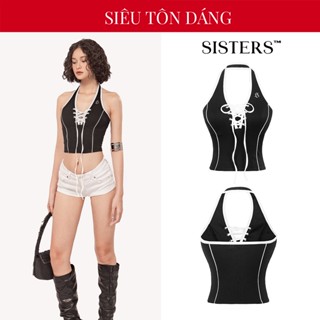 Áo croptop cổ yếm đan dây ngực SISTERS màu đen phối viền trắng cổ khoét sâu gợi cảm Caridwen | SS24-T1