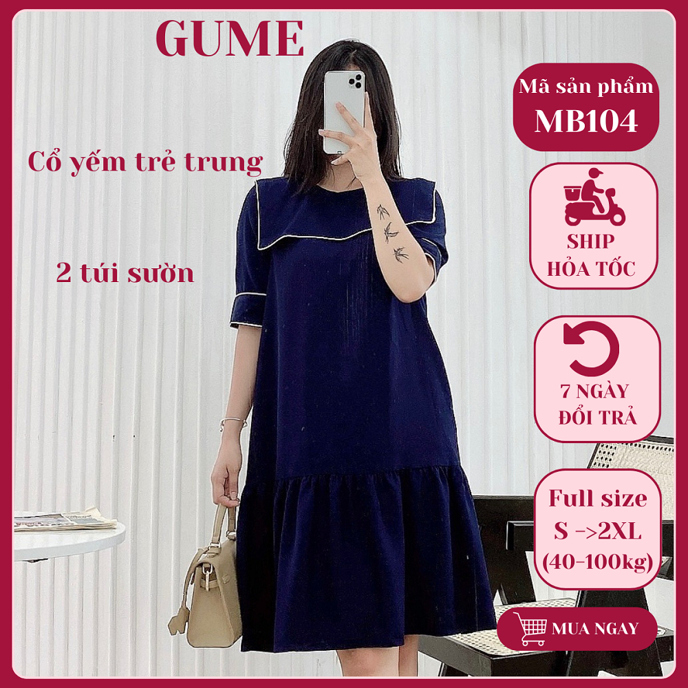 Váy Bầu Bigsize Gume Công Sở Tiểu Thư Dáng Suông Đuôi Cá Cổ Yếm Vải Sạn Lụa Mặc Đi Làm Đi Chơi MB104